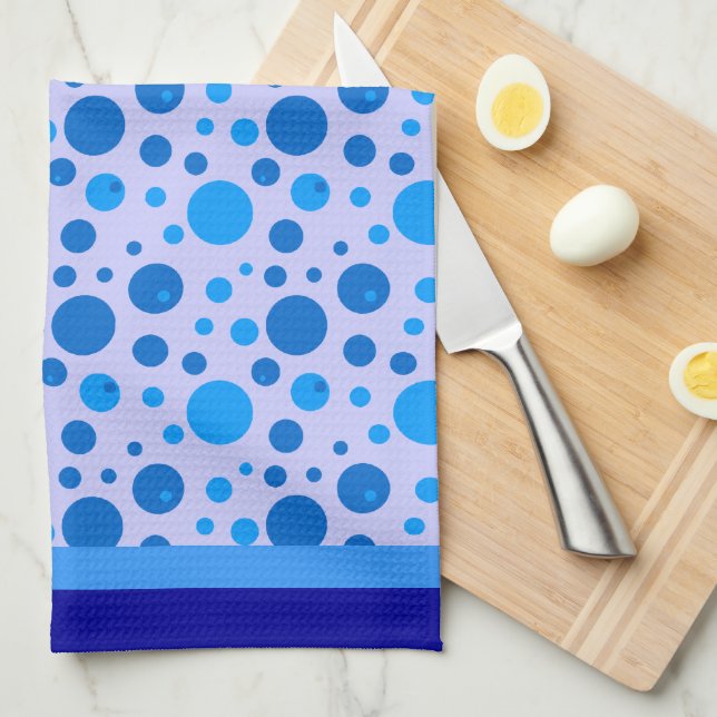 Linge De Cuisine Cercles Rétro et Points Polka en Bleu sur Fond Ble (Quart Plié)