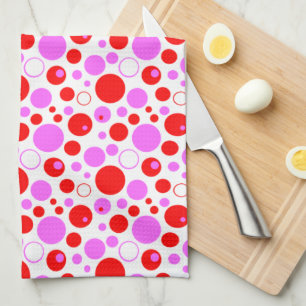 Linge De Cuisine Cercles Rouges et Roses Rétro et Points sur Fond R