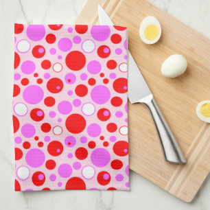 Linge De Cuisine Cercles Rouges et Roses Rétro et Points sur Fond R