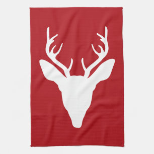 Linge De Cuisine Cerf blanc silhouette tête sur fond rouge