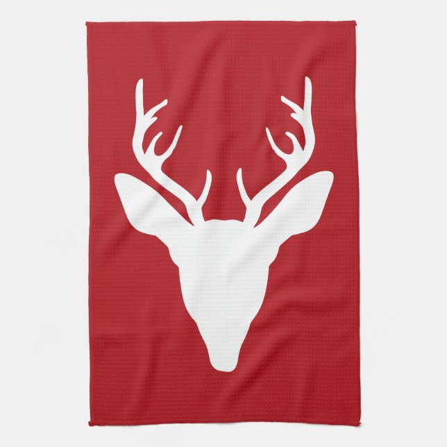 Linge De Cuisine Cerf blanc silhouette tête sur fond rouge (Vertical)