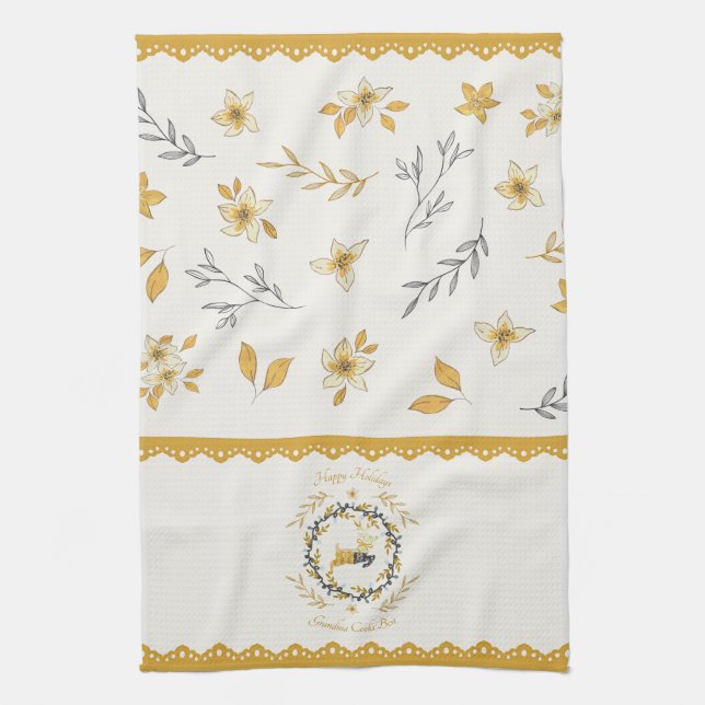 Linge De Cuisine Cerf de Noël Fleur Jaune Crème Floral (Vertical)