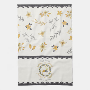 Linge De Cuisine Cerf de Noël Jaune Crème Floral Bleu