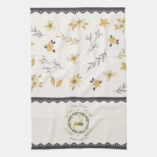 Linge De Cuisine Cerf de Noël Jaune Crème Floral Bleu