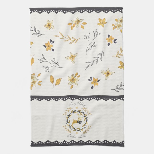 Linge De Cuisine Cerf de Noël Jaune Crème Floral Bleu (Vertical)