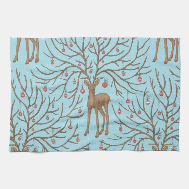 Linge De Cuisine Cerf de Noël sur fond bleu (Horizontal)