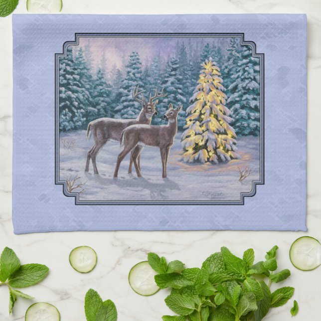Linge De Cuisine Cerf et arbre de Noël Bleu d'hiver (Plié)