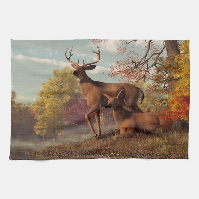 Linge De Cuisine Cerfs communs sur une rive d'un lac d'automne (Horizontal)