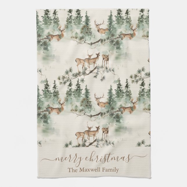 Linge De Cuisine Cerfs rustiques joyeux noël nom de famille (Vertical)