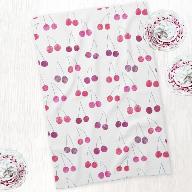 Linge De Cuisine Cerise Aquarelle Motif rose (Watercolor cherries pattern kitchen tea towel)