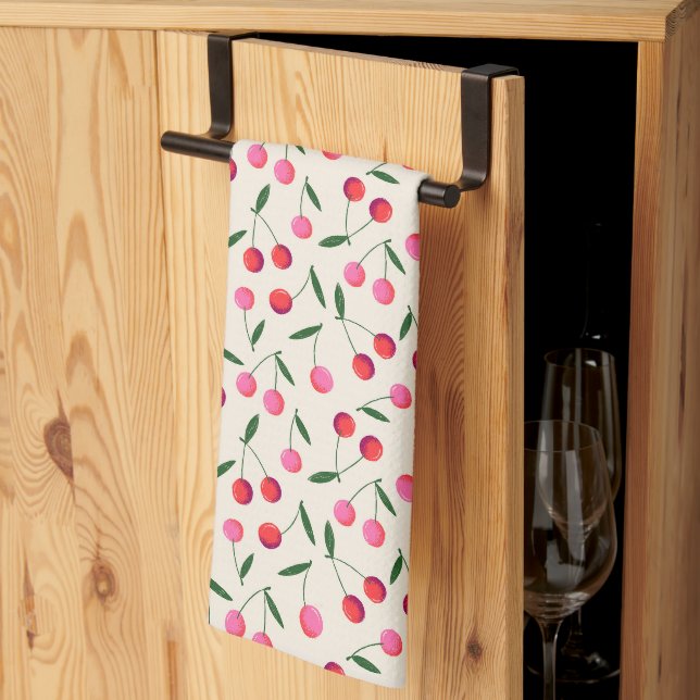 Linge De Cuisine Cerise de Berry rouge et rose rétro (Pliage en tiers)