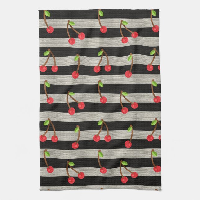 Linge De Cuisine Cerise Rayures Noir & Blanc Moderne (Vertical)