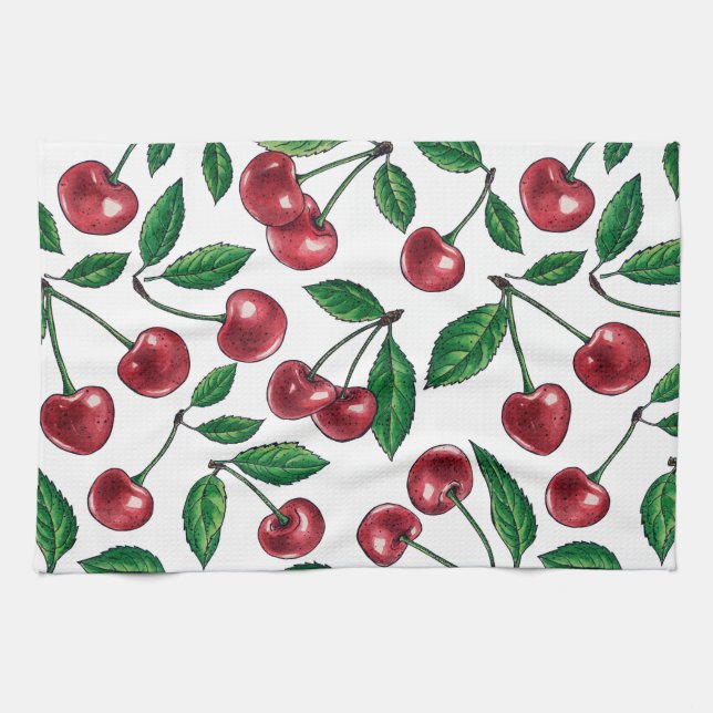 Linge De Cuisine Cerises rouges sur blanc (Horizontal)
