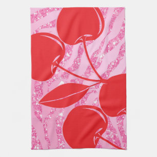 Linge De Cuisine Cerises Zèbres Pailletées Rose Rouge