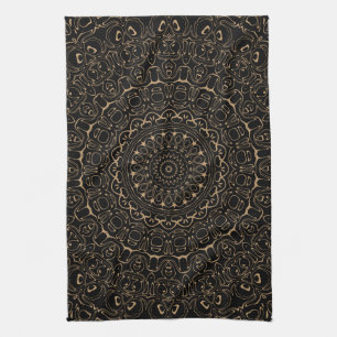 Linge De Cuisine Chameau sur Médaillon kaléidoscope Mandala noir