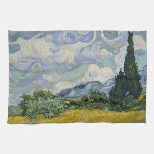 Linge De Cuisine Champ de blé avec cyprès, peinture à l'huile, Van