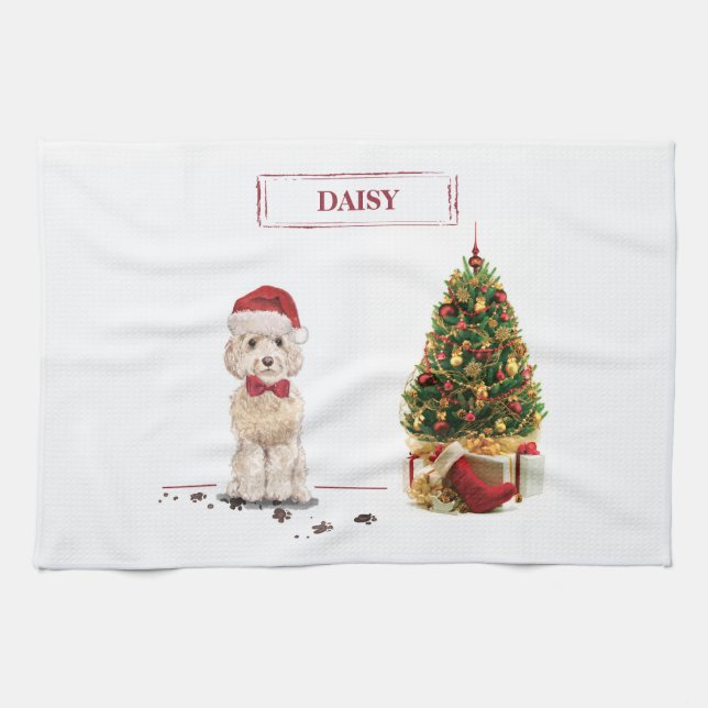 Linge De Cuisine Champagne Cockapoo Drôle chien de Noël avec arbre (Horizontal)
