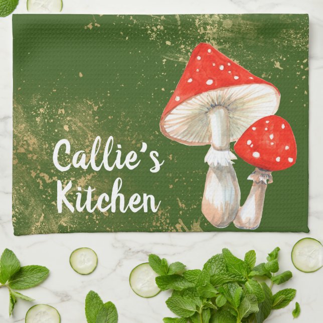 Linge De Cuisine Champignons à l'aquarelle Personnalisés (Plié)