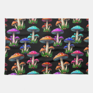 Linge De Cuisine Champignons colorés sur Arrière - plan noir