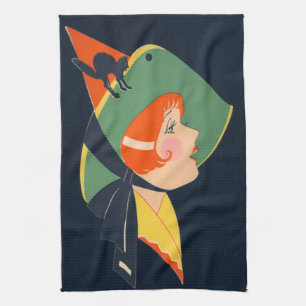 Linge De Cuisine Chapeau de sorcière Art déco Chat noir