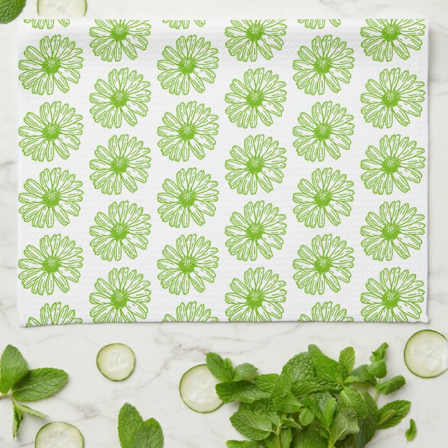 Linge De Cuisine Chartreuse Green Daisy Print, Hippie Flower Print (Plié)