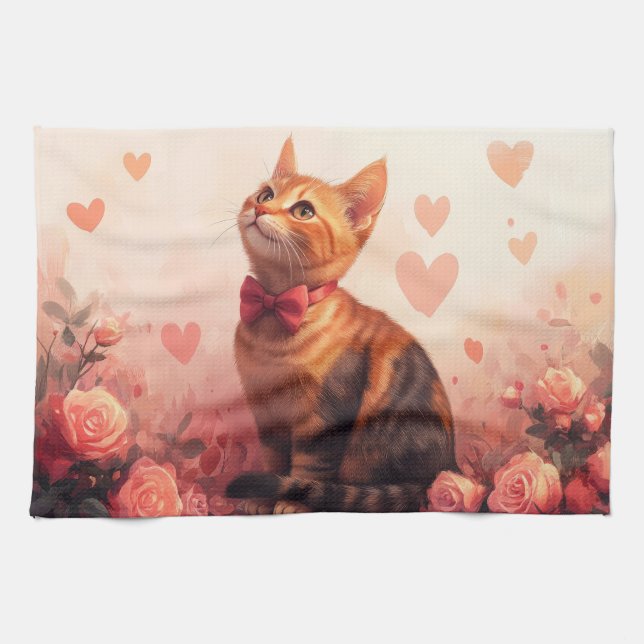 Linge De Cuisine Chat Abyssin avec des Roses - Saint-Valentin (Horizontal)