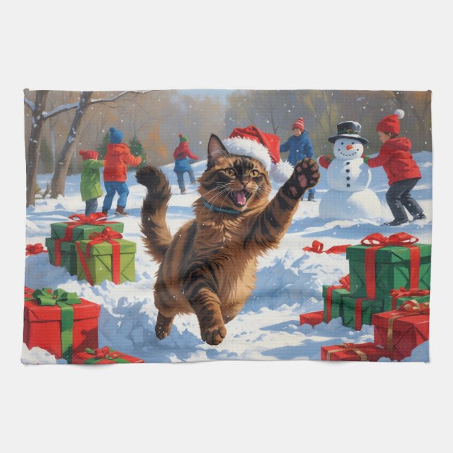 Linge De Cuisine Chat abyssin Scène de neige festive de Noël (Horizontal)