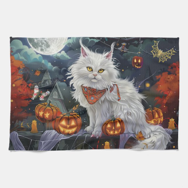 Linge De Cuisine Chat angora turc Halloween effrayant (Horizontal)