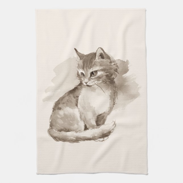 Linge De Cuisine Chat. Aquarelle (Vertical)