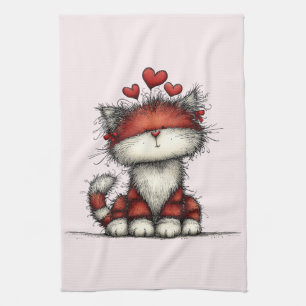 Linge De Cuisine Chat avec des cœurs d'amour rouges mignon et drôle