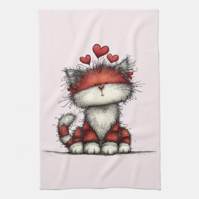 Linge De Cuisine Chat avec des cœurs d'amour rouges mignon et drôle (Vertical)