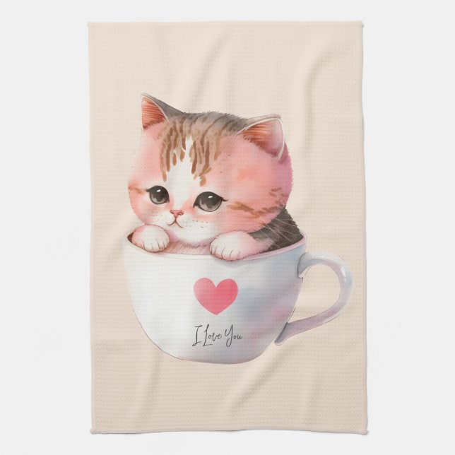 Linge De Cuisine Chat blanc-rose mignonne dans une tasse de thé (2) (Vertical)