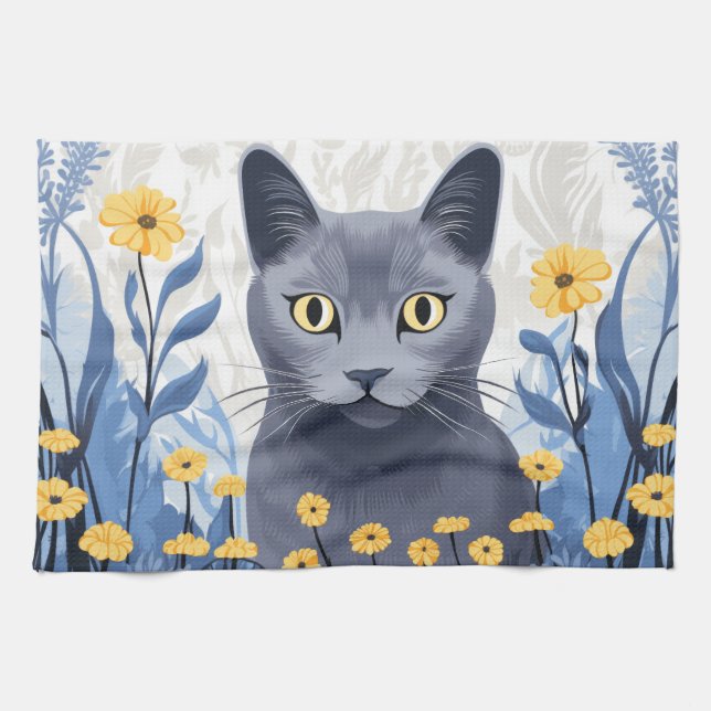 Linge De Cuisine Chat Bleu Russe Fleurs Jaunes (Horizontal)