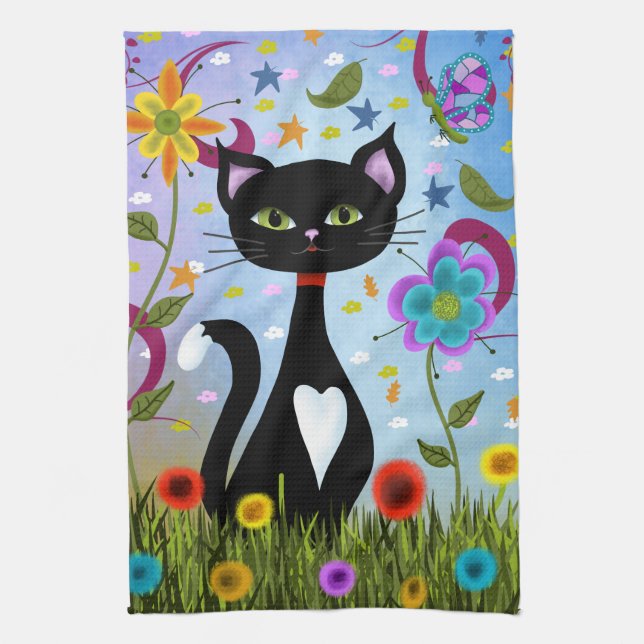 Linge De Cuisine Chat Dans Un Jardin Art Abstrait (Vertical)