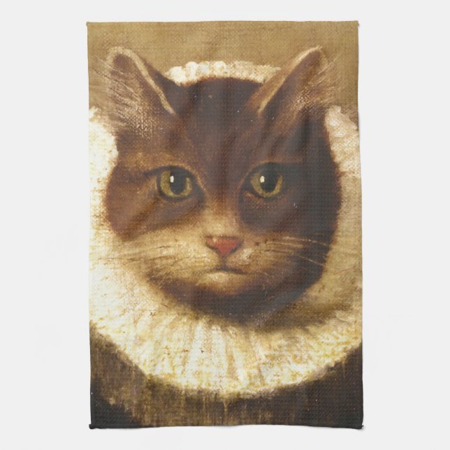 Linge De Cuisine Chat Dans Un Ruff Cute Art Victorien Peinture Vint (Vertical)