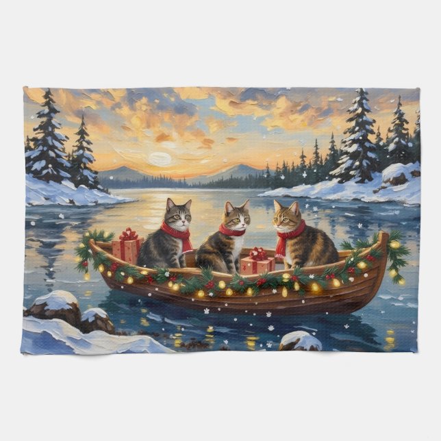 Linge De Cuisine Chat de Noël Bateau Maine Coon Fêtes (Horizontal)
