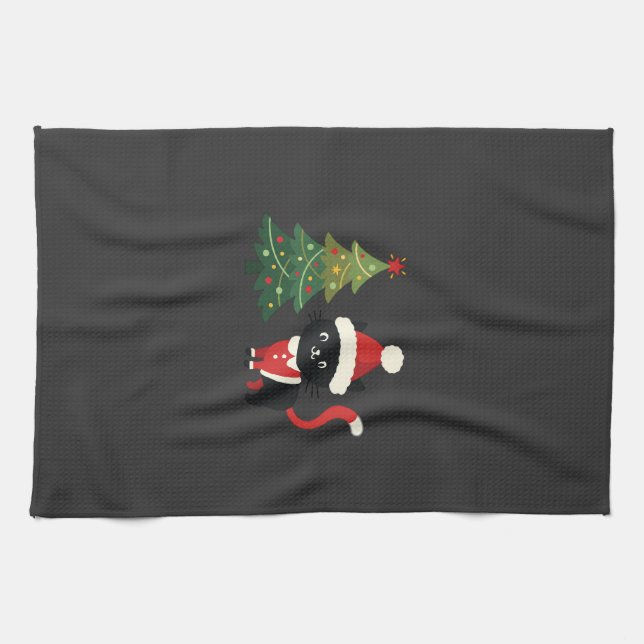 Linge De Cuisine Chat de Noël Santa Arbre Vecteur (Horizontal)