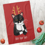 Linge De Cuisine Chat de Noël Sarcastique<br><div class="desc">Un drôle de chat tuxedo noir et blanc,  sarcastique,  agacé et peu enthousiaste avec des bois de Noël. Ho ho,  et tout ça. Modifiez le texte ou supprimez-le pour personnaliser davantage.</div>