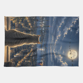 Linge De Cuisine Chat éclairé par la lune regardant l'art de la fen