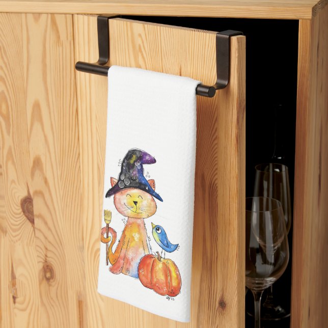Linge De Cuisine Chat en sorcière blanc mignon avec Citrouille (Pliage en tiers)