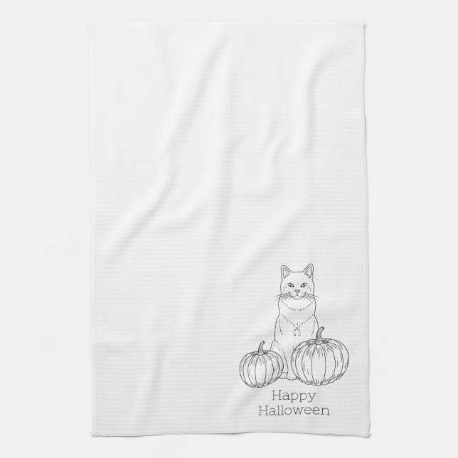 Linge De Cuisine Chat et citrouilles, dessin au trait simple minima (Vertical)