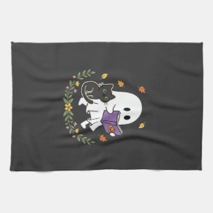 Linge De Cuisine Chat fantôme d'Halloween lisant un livre floral De