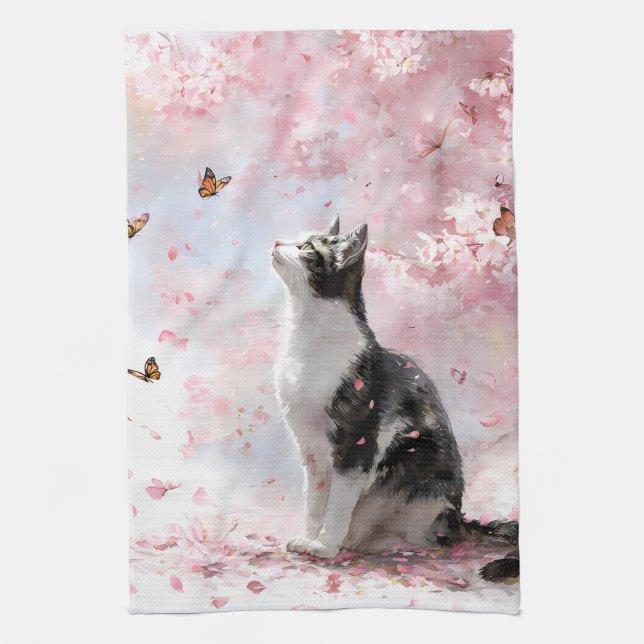 Linge De Cuisine Chat Fleur de Cerisier et Papillons (1) (Vertical)
