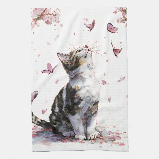Linge De Cuisine Chat Fleur de Cerisier et Papillons (10) (Vertical)