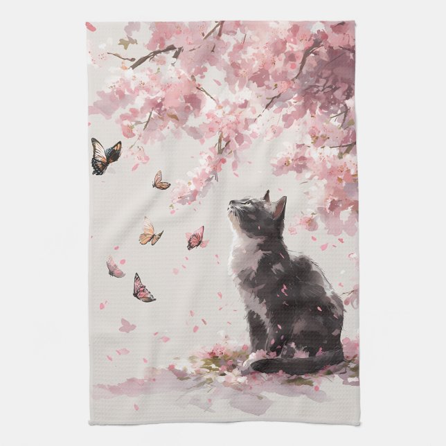 Linge De Cuisine Chat Fleur de Cerisier et Papillons (9) (Vertical)