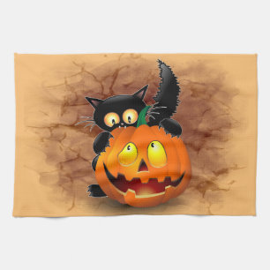 Linge De Cuisine Chat Fun Halloween Caractère mordant un Citrouille