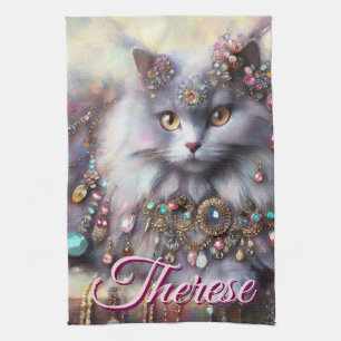 Linge De Cuisine Chat Gris aux Cheveux Longs avec Bijoux Pierres Pr