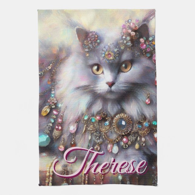 Linge De Cuisine Chat Gris aux Cheveux Longs avec Bijoux Pierres Pr (Vertical)