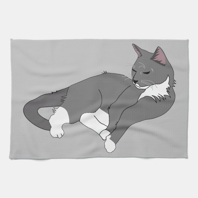 Linge De Cuisine Chat gris et blanc Tuxedo (Horizontal)