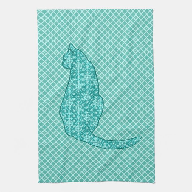 Linge De Cuisine Chat japonais - Kimono turquoise (Vertical)